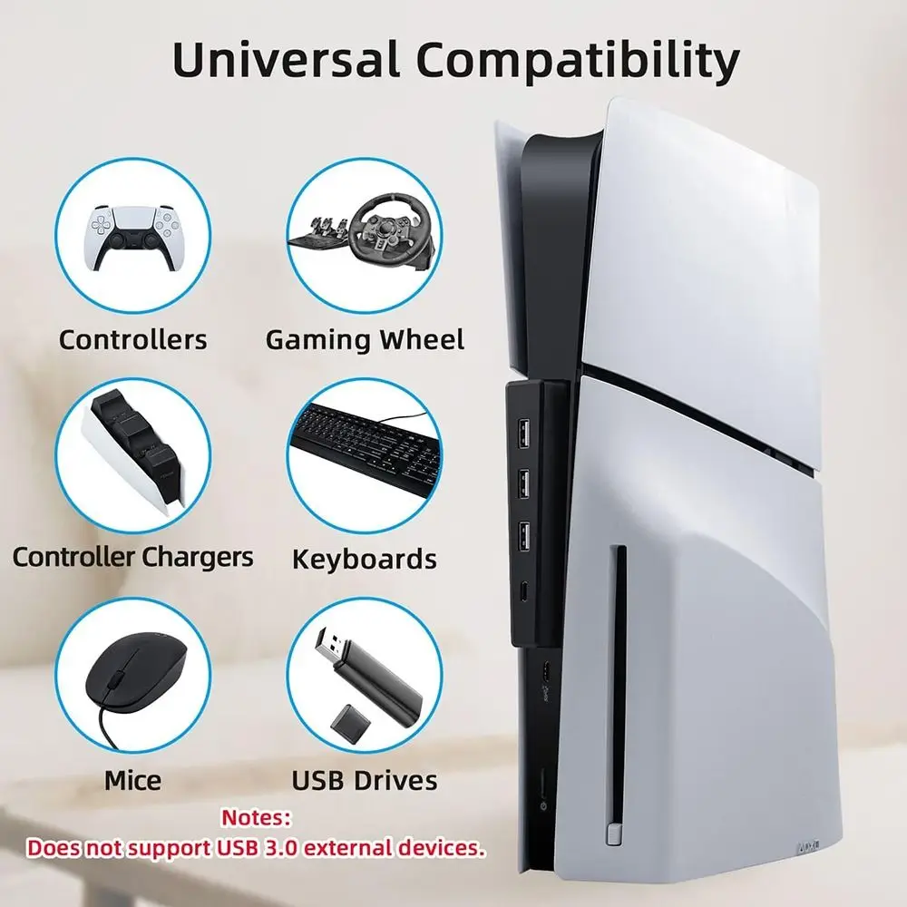 4 Ports USB 2.0 Hub Slim High-Speed Expansion Charger Saving Space Portable for PS5 PRO/SLIM Disc and Digital Edition