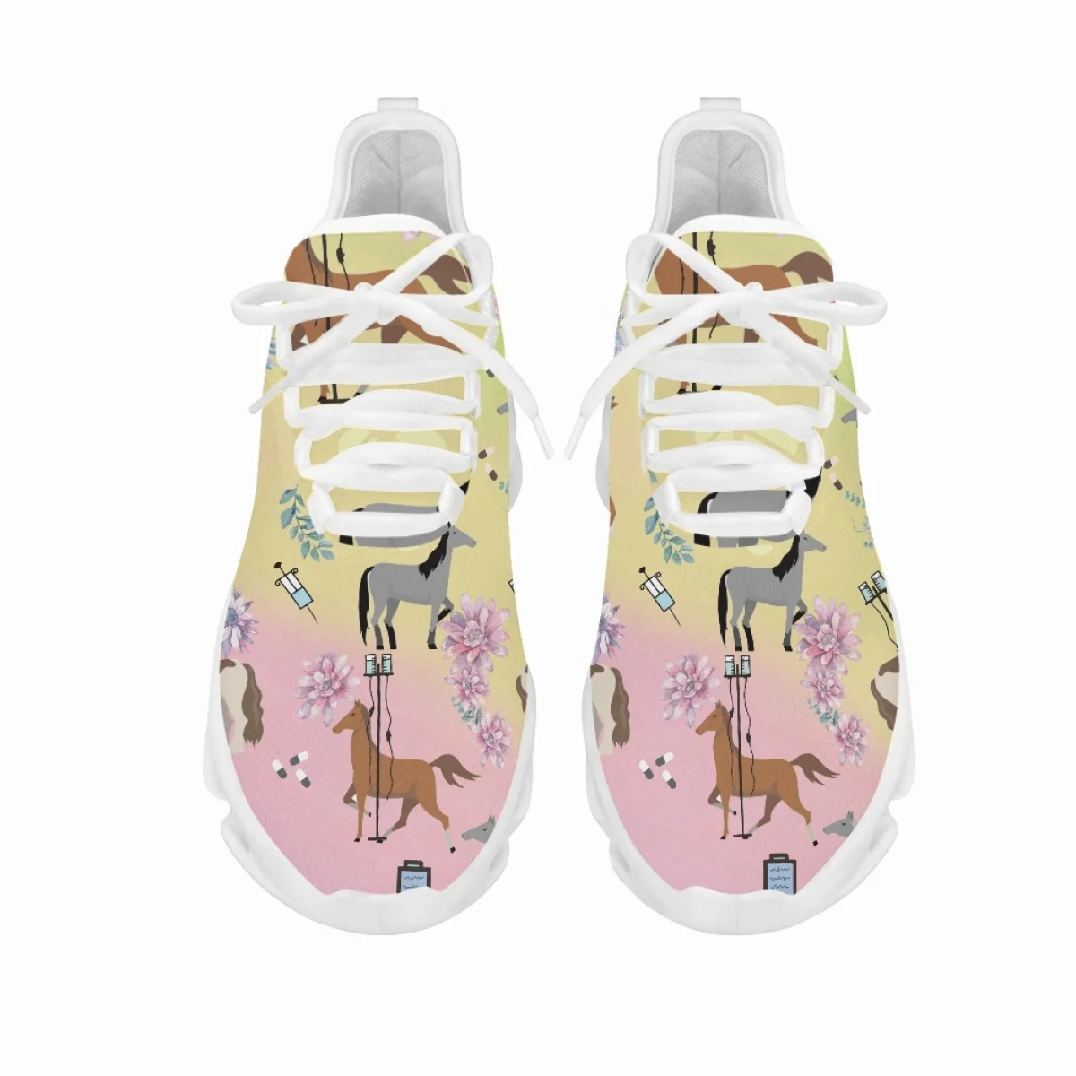 Yikeluo Cartoon Pattern Horse Medicine Casual Lace up Mesh Swing Sneakers for Women Nurse Shoes Lady Lightweight Footwear