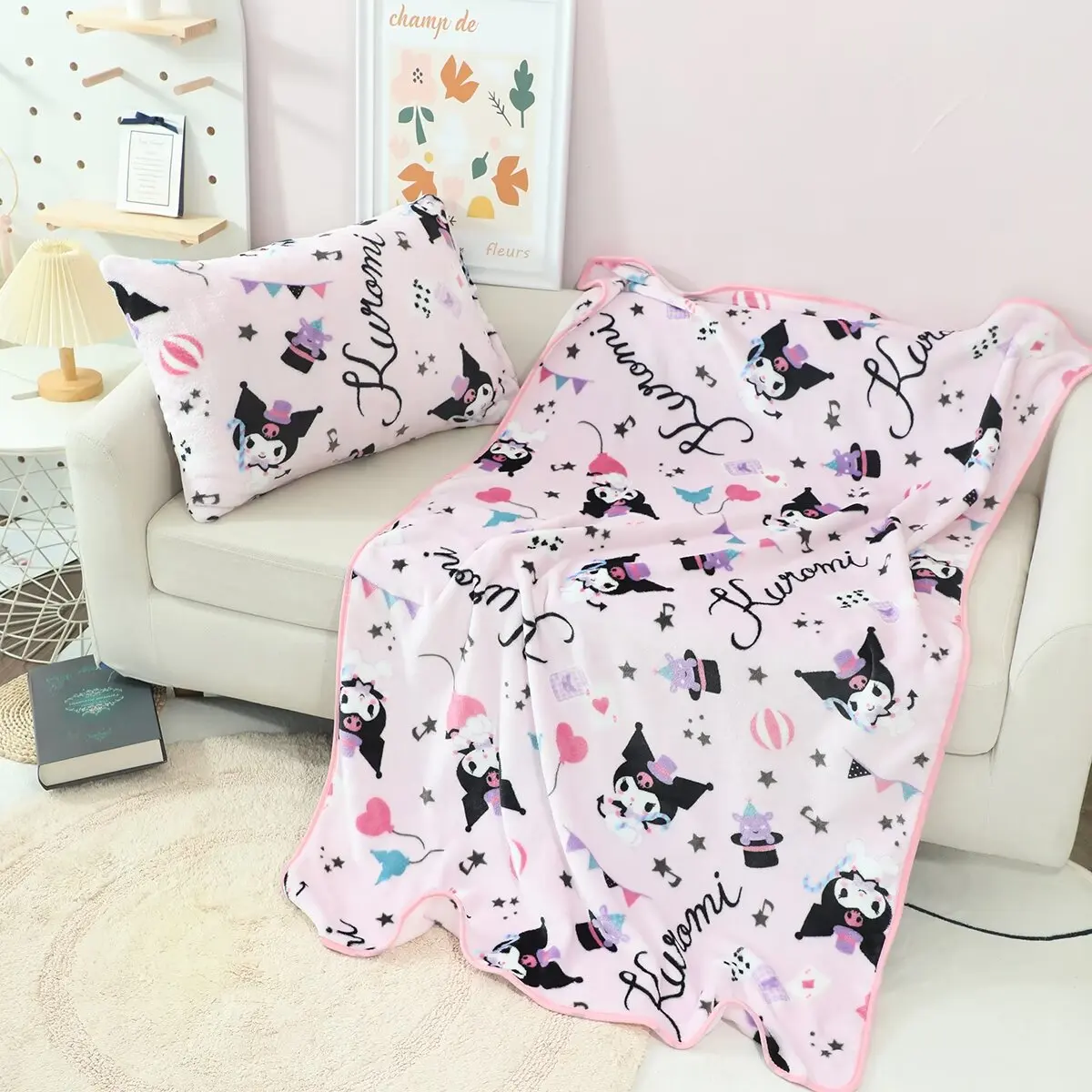 Cartoon Sanrio Kuromi Pillowcase Blanket Comfortable Japanese Style Printed Flannel Blanket Bedroom School Nap Leg Blanket