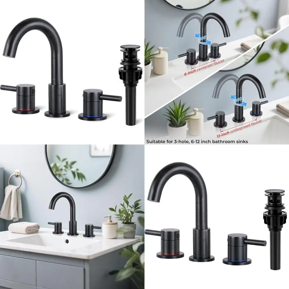 

8 Oil-Rubbed Bronze 3-Hole Bathroom Sink Faucet, 360° Swivel Spout, 2-Handle Vanity with Pop-Up Drain & Supply Hoses
