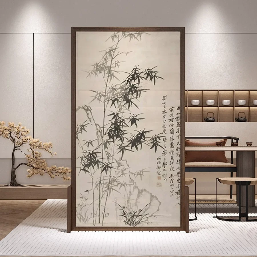 New Chinese-style screen partition entrance mobile simple bamboo living room study tea room solid wood semi-transparent