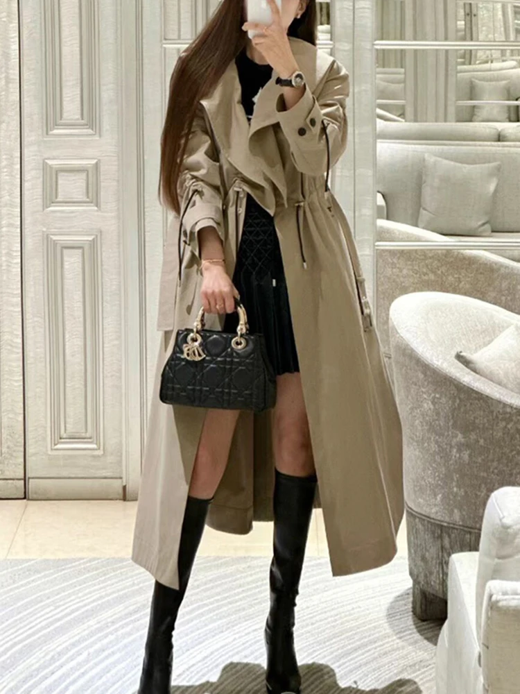 CHICEVER Casual Solid Loose Trench Dla Kobiet Klapa Długi Rękaw Wysoka Talia Patchwork Pas Minimalistyczny Temperament Trencz Kobieta