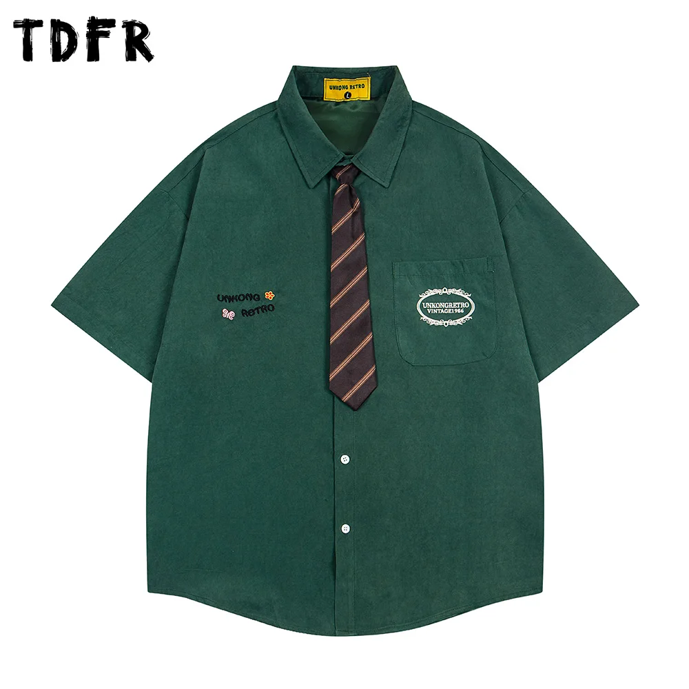 Pocket Embroidery Short Sleeve Shirts Mens Summer Retro Casual Curved Hem Lapel Half-Sleeve Single Breasted Shirts Man