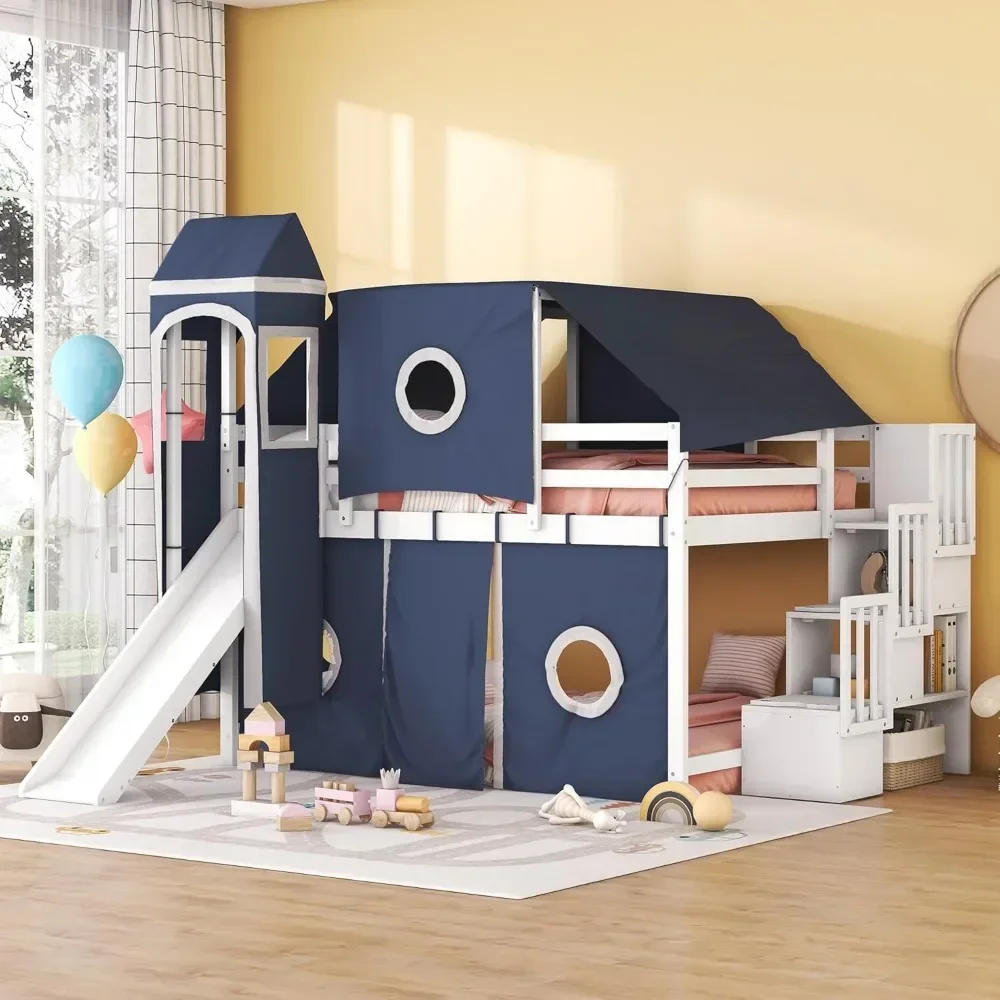 House Full Loft Bed with Slide,Storage Stairs and Tent, Wood Creative Kids Loft Bunk Bed, Playhouse Full Bed Frame for Kids