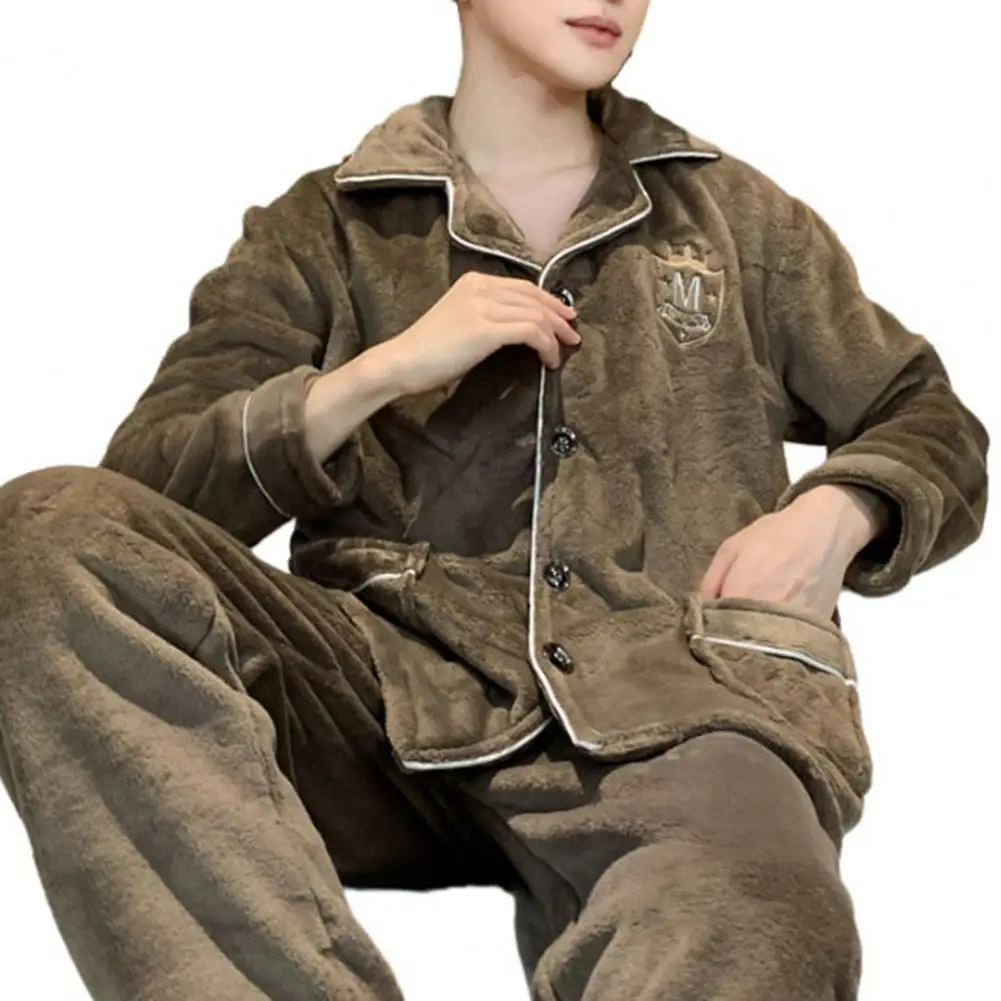 2 Pcs/Set Men Winter Pajamas Set Lapel Thick Buttons Single-breasted Loose Elastic Waist Men Homewear Top Pants Set