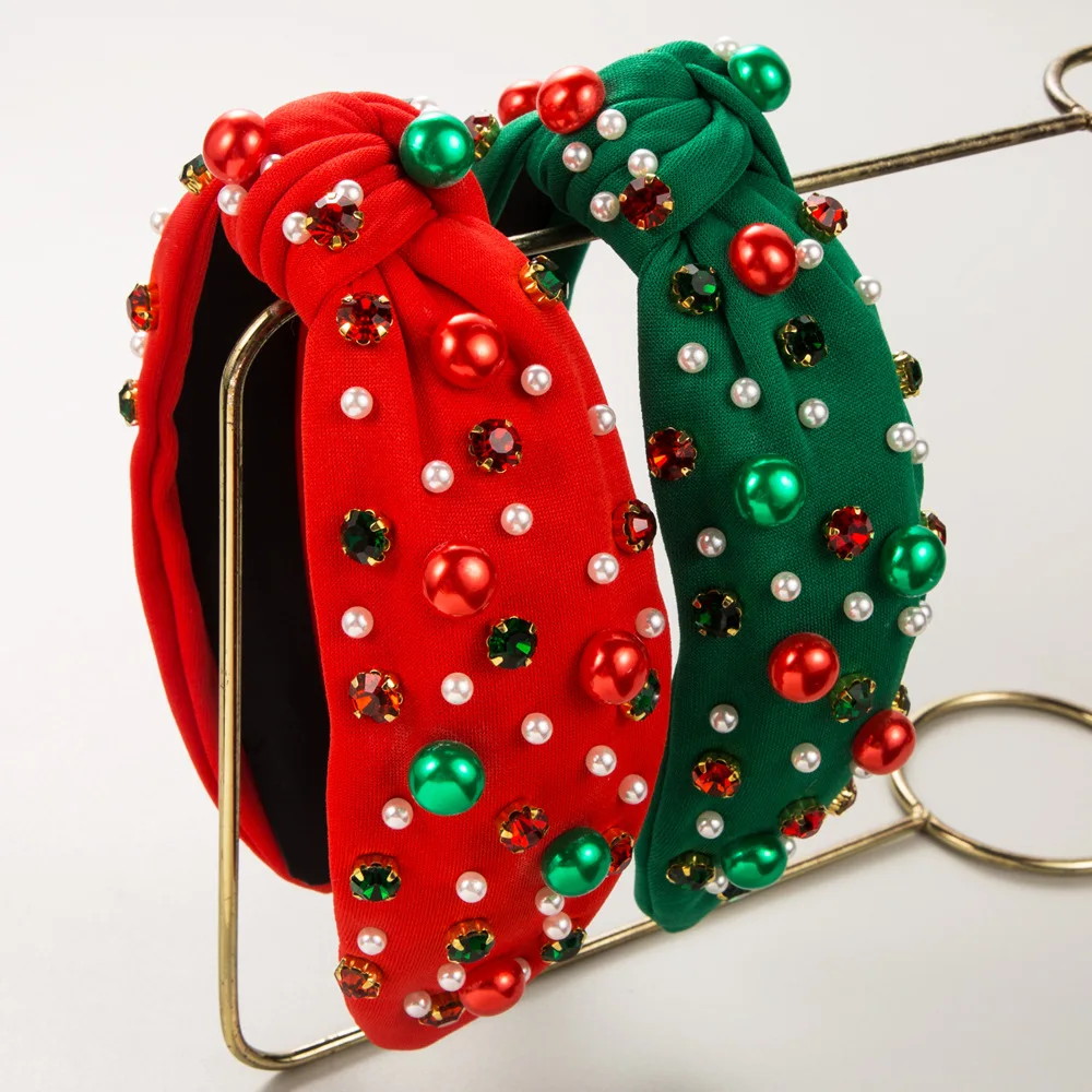 

Christmas Headband Pearl Hair Hoop Red Green Rhinestone Headband Women Sweet Hair Band Gift Hairwear Hairband