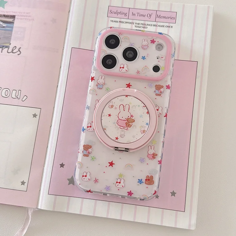Kawaii Cartoon Miffy Rabbit Rotation Stand Phone Case For iPhone 17 Pro 16 15 Pro Max Back Cover Shockproof Protective Case Cove