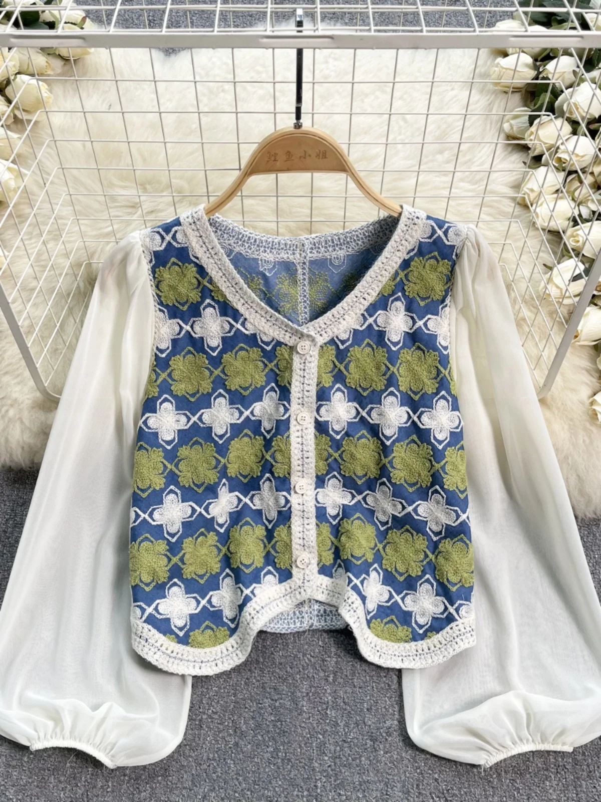 Long Sleeve Crochet Knit Top Floral Embroidery Button Front Shirts Woman Blouses Summer Fairycore Cottagecore Outfit