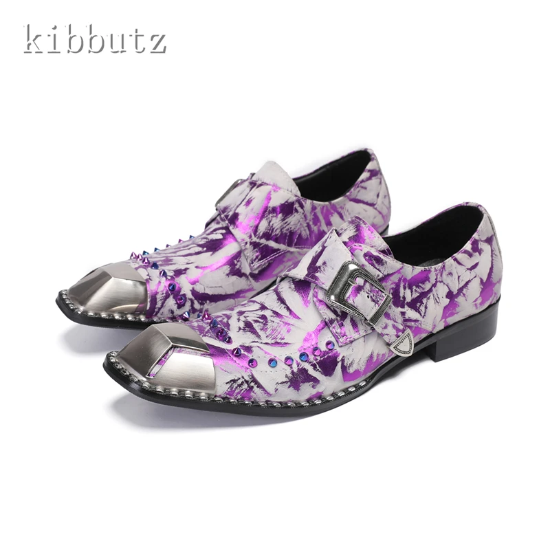 Shiny Rhinestones Purple Prints Men Shoes Square Toe Buckle Decor Slip On Loafers Genuine Leather Party Wedding Dress Shoes