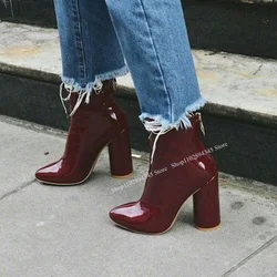 Wine Red Mid Calf Patent Leather Boots Chunky Heel Zipper Cool Fashionable Sexy Winter Big Size Woman Shoes Zapatillas Mujer