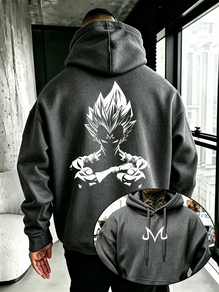 Dragon Ball Majin Vegeta Anime Hoodie Herren Vorder- und Rückseite Doppeldruck Oversized Kapuzenpullover mit Kordelzug und Tasche Street-Top – Detail 5