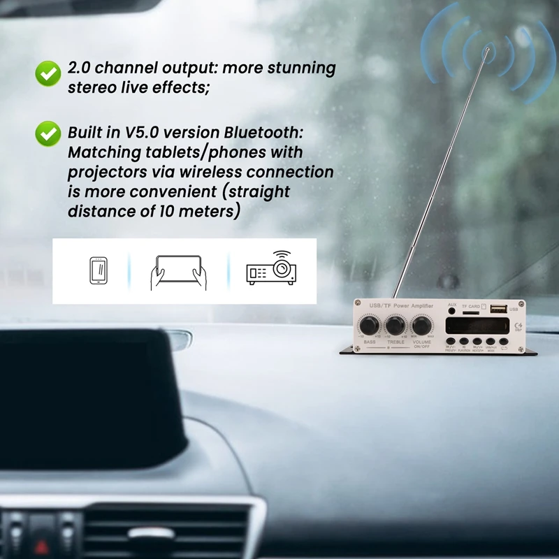 12V เครื่องขยายเสียงดิจิตอล Bluetooth 5.0 HIFI Treble และ Bass Audio AMP 20Wx2 สําหรับโฮมเธียเตอร์ Club Car Party