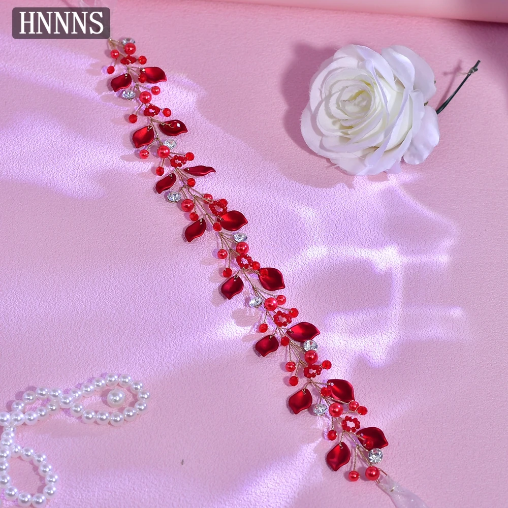 

HNNNS Romantic Red Belt Pearl Leaves Braided Sashes Women Dress Decoration Fashion Bridal Wedding Dress Waist Accessories SA350