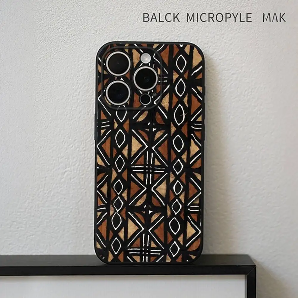 Afrikaanse Wax Stof Telefoonhoesje Voor iPhone17,16,15,14,13,12,11 Plus, Pro Max Zachte Zwarte Cover