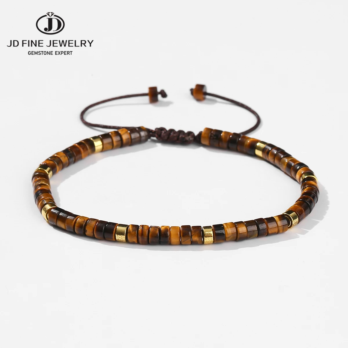 JD Natural Yellow Tiger Eye Stone Bead Woven Bracelet Polished Block Shape Adjustable Rope Lady's Gift Bracelet For Bestfriend