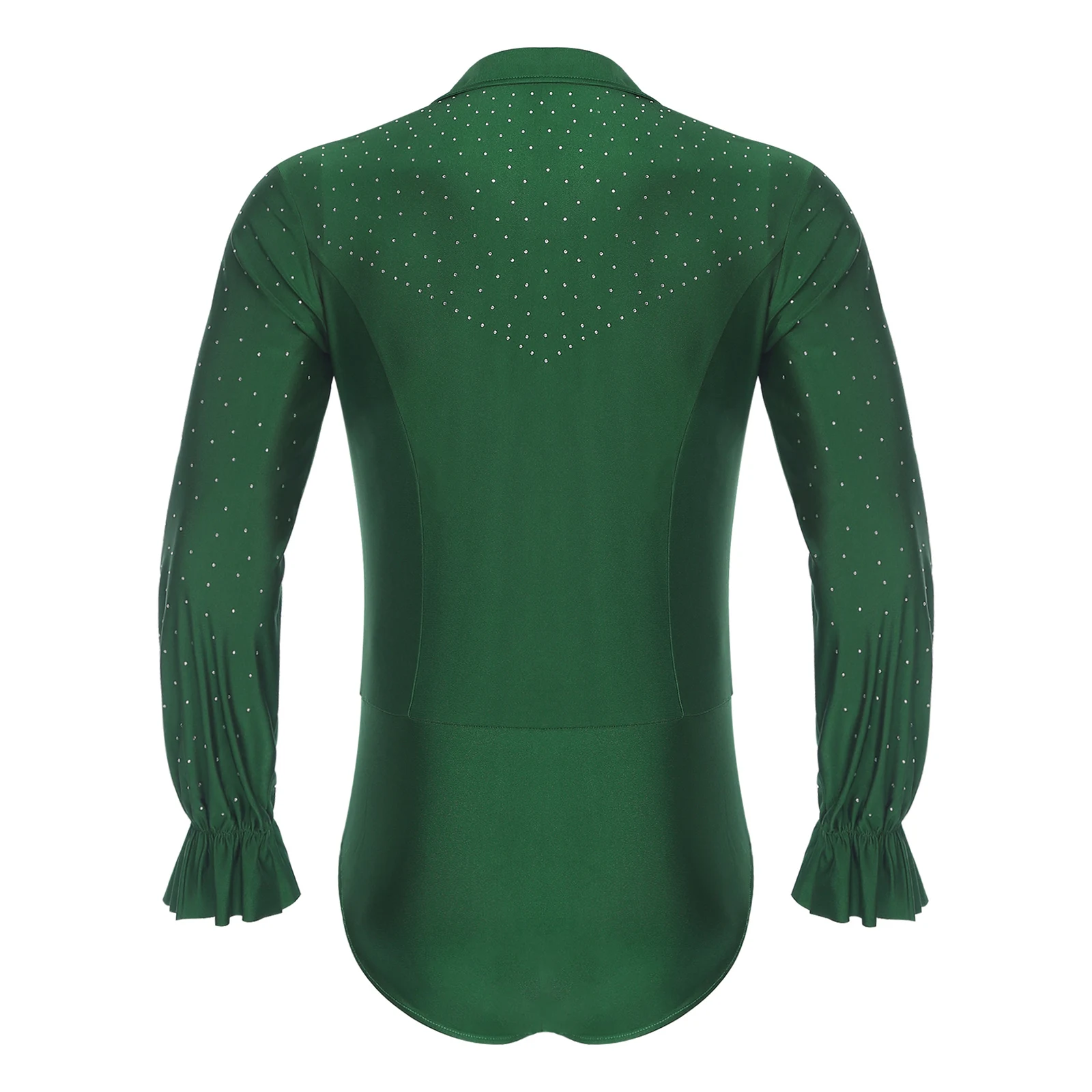 Mens Latin Jazz Dance Leotard Deep V Neck Long Sleeve Glitter Rhinestones Open Crotch Bodysuit Dancewear for Ballet Prince Stage