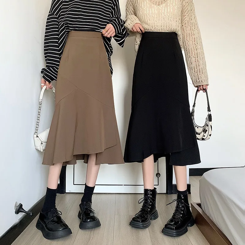 

Irregular Half-body Skirt for Women Autumn Mid-length Hip Ruffled Pleated Fishtail Skirt High-waisted Slim A-line Women Skirts