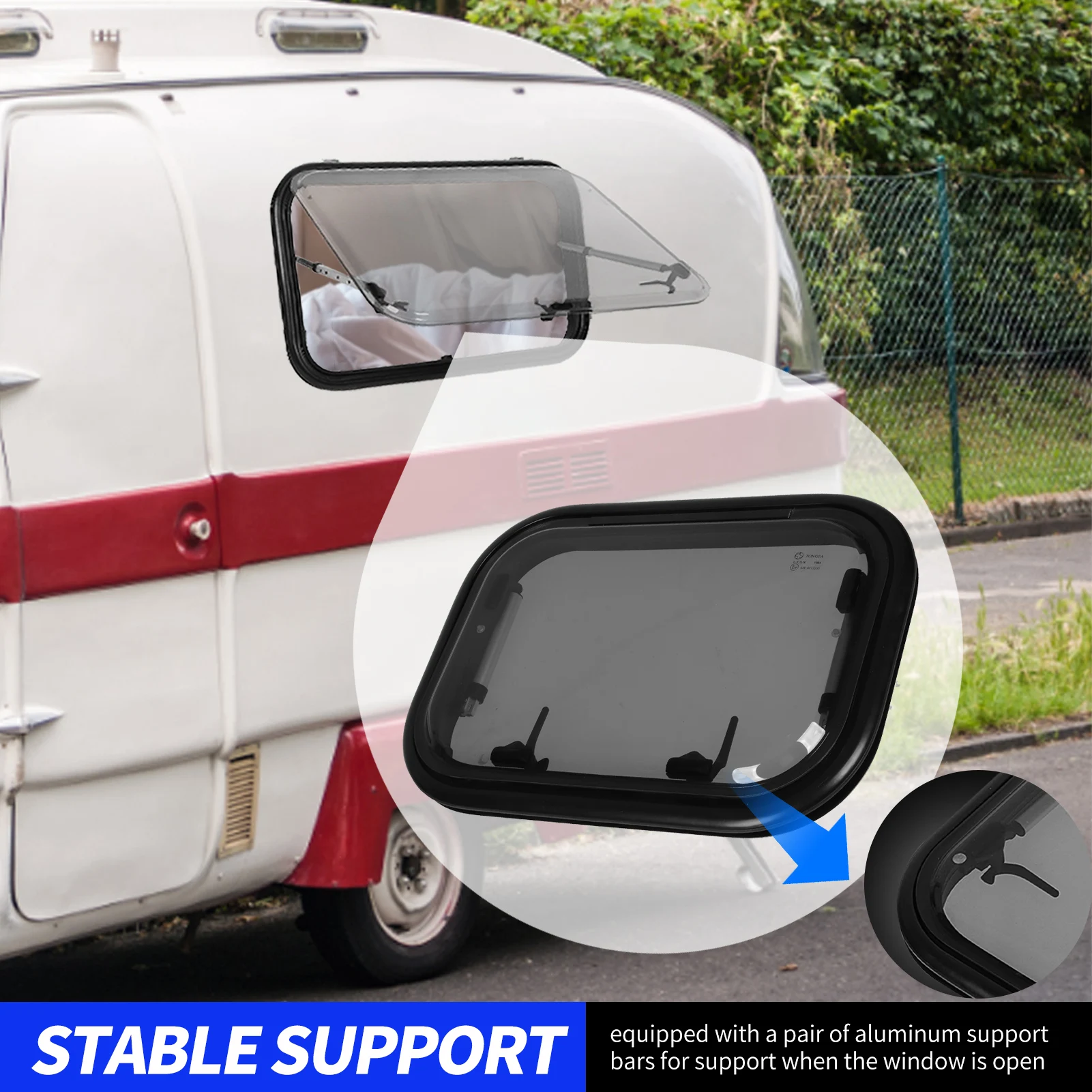 

Окно, устойчивое к ультрафиолетовому излучению, защита от насекомых 75 ° Стабильная поддержка угла открытия, боковое окно для автофургона