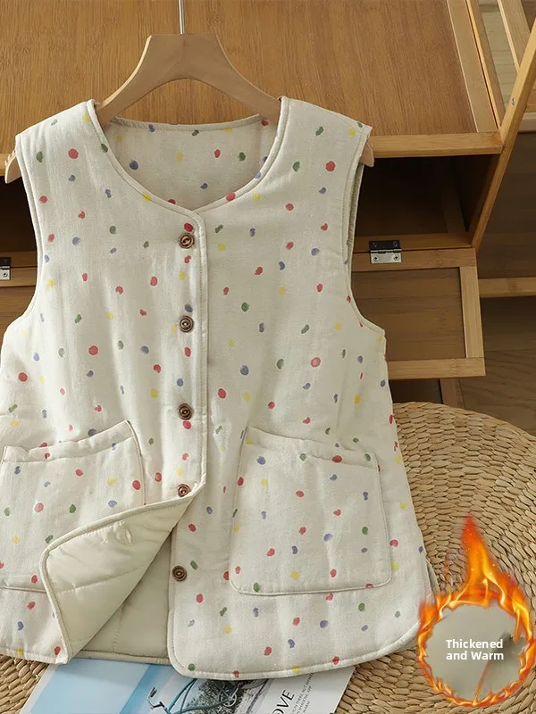 

Warmth Retro Polka Dot Cotton Vest Women's Faionable Artistic Sle Thiened Winter New Arrival One-Line Big Brand Coat