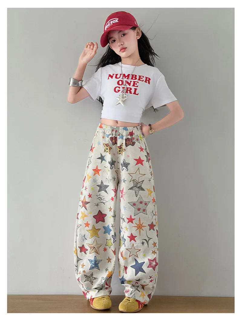 Hosen für Mädchen mit modischem Sternmuster-Print, weit geschnittene Hosen, Sommer 2026, lässige, lockere Hosen, hochwertige Teenager-Jogginghosen – Detail 3