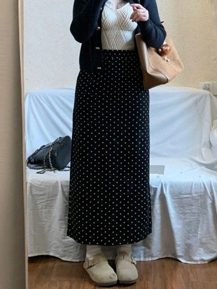 High Waist Polka Dot A-Line Skirt with Slit for plus Size Women Straight Cut Midi Skirt Slimming Hip Covering Korean Style
