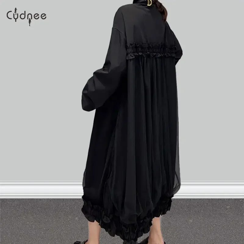 Women's Stand Collar Layered Shirred Hem Button Front Shirt Dress Long Sleeve Loose Simple Long Dress