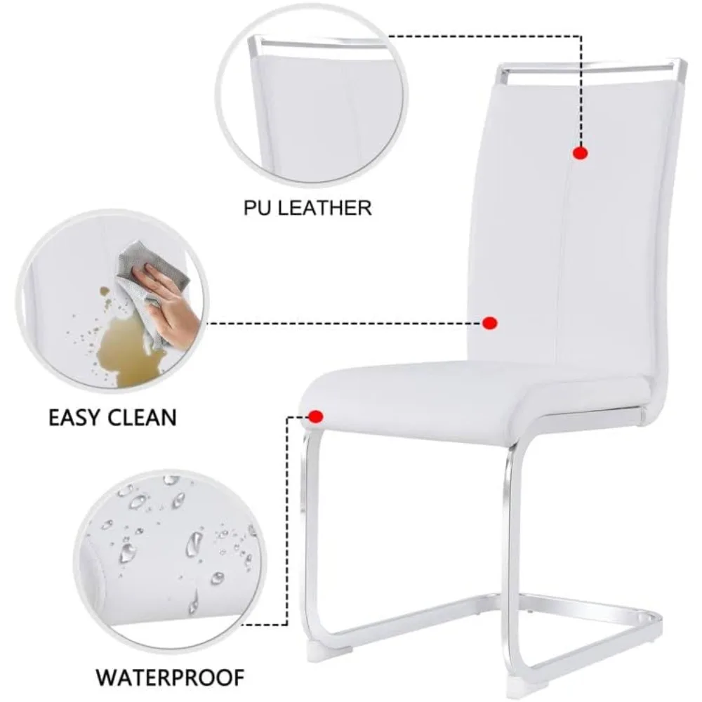 كراسي طعام معدنية حديثة مع مقاعد مبطنة من الجلد الصناعي وظهر مرتفع على أرجل كروم