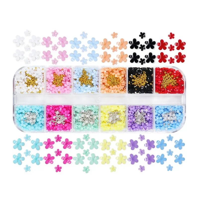 12Grids 3D Flower Nail Charms Multi-colors Acessories with Caviar Beads/Diamonds/Pearls for DIY Nail Art Decoration