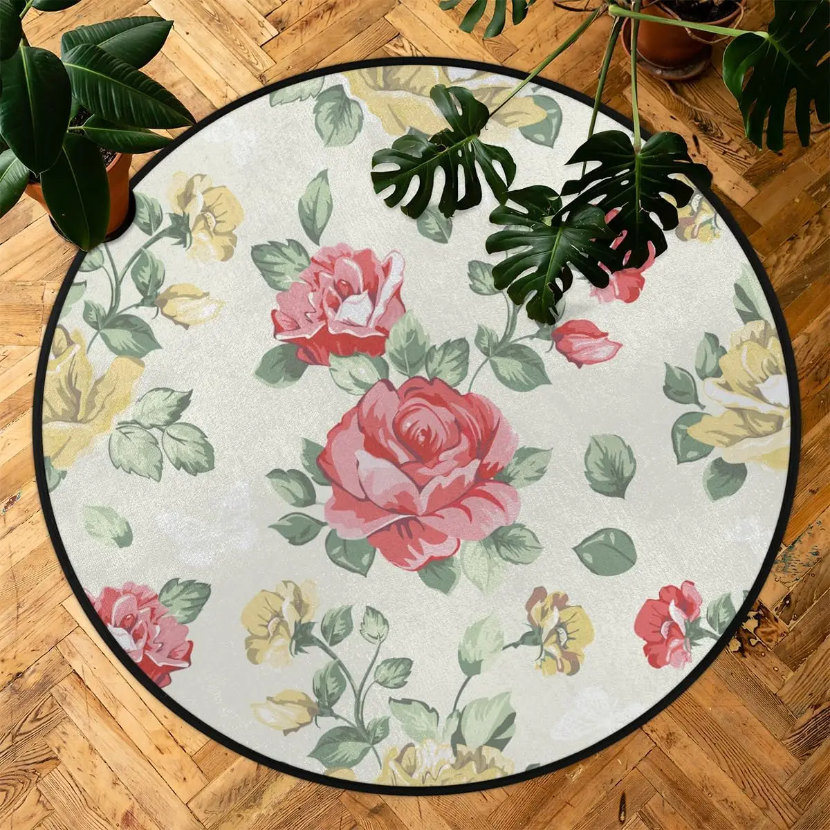 Soft Washable Rose Leaves Round Rug – Non-Slip Circular Floor Mat for Bedroom Kids Room Home Decor