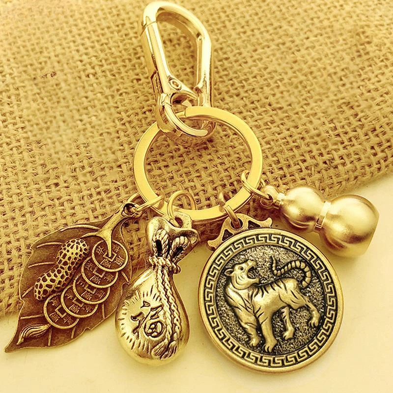 

UMQ Zodiac Copper Gourd Keychain Overnight Fortune Pixiu Lucky Transfer Lucky Bag Money Bag New Year Tiger Pendant