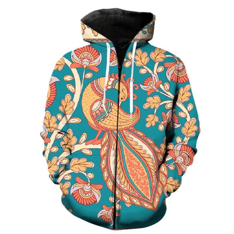 Retro Exotic 3d Print Floral Zipper Hoodie Men Hot Sale Fashion Jackets Funny Cool Sweatshirts Hip Hop Tops Streetwear Hoodies