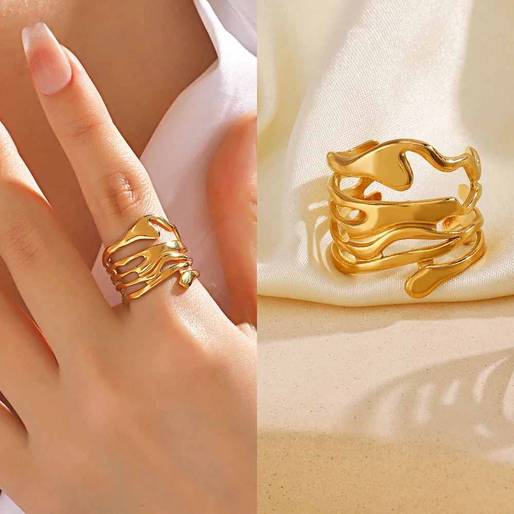 Необычные кольца из нержавеющей стали для женщин и мужчин, золотого цвета, полое широкое открытое кольцо, женское и мужское модное вечернее ювелирное изделие на палец, подарок