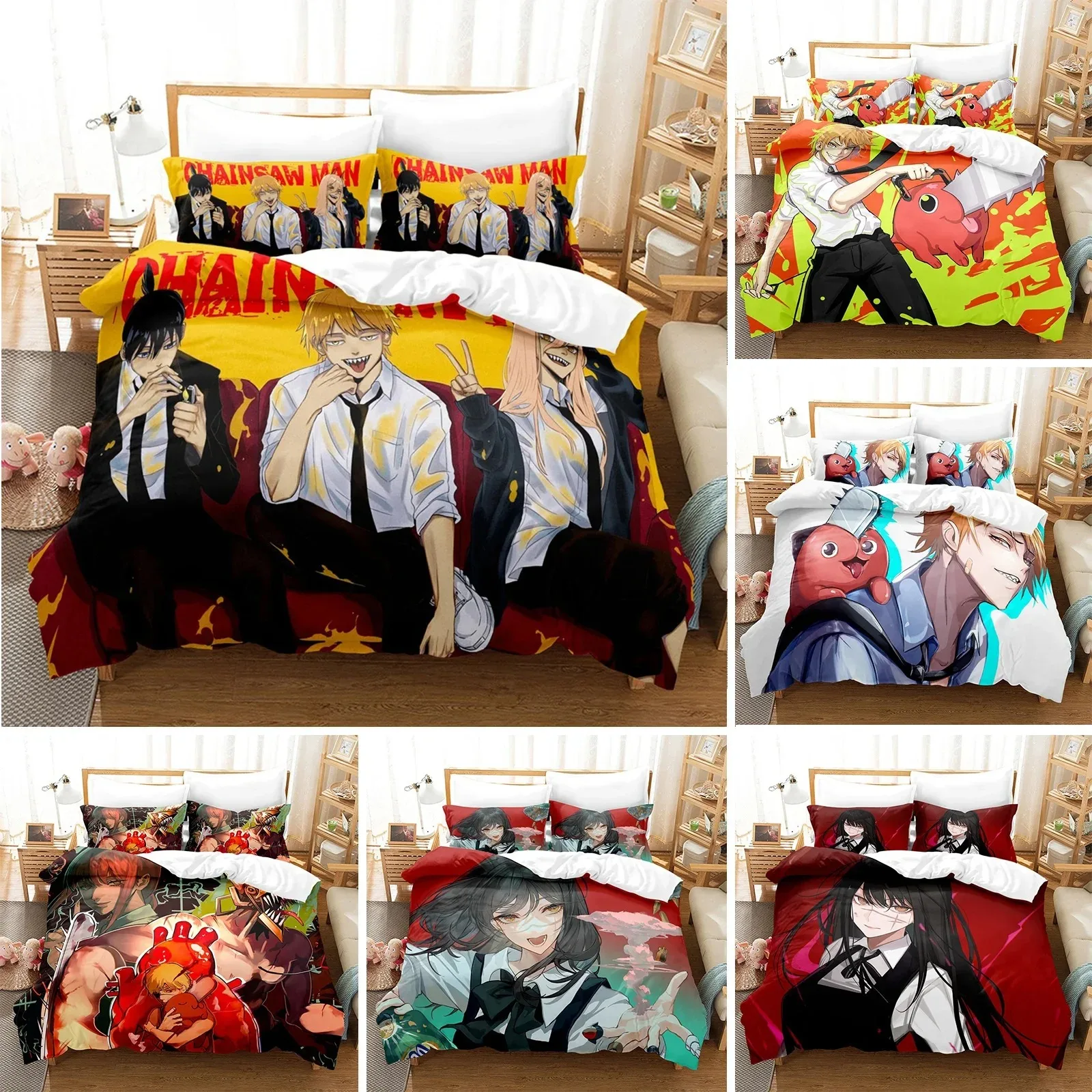 

Chainsaw Man Bedding Set Anime Cartoon Twin Bedding Set Double 3 Piece Bed Duvet Cover Double King Cover Home Textile