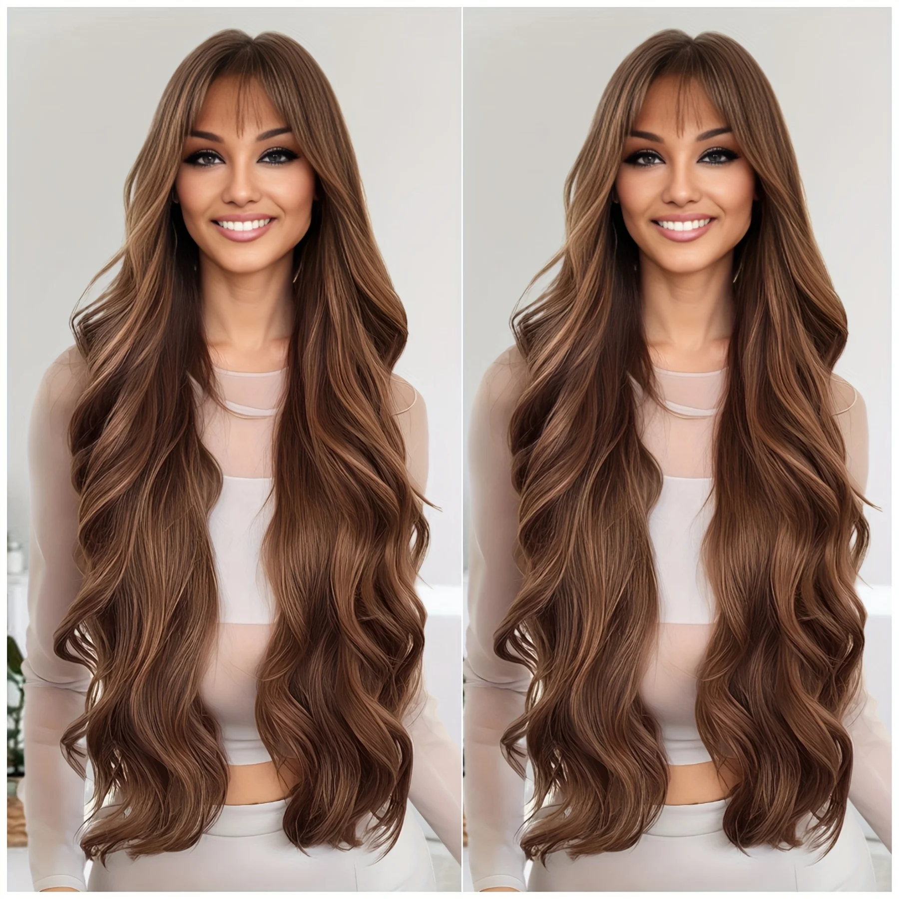Natural Wind Long Beach Wave Simulation Synthetic Wig - Heat-resistant fiber hair piece with flush bangs, elastic curly wig