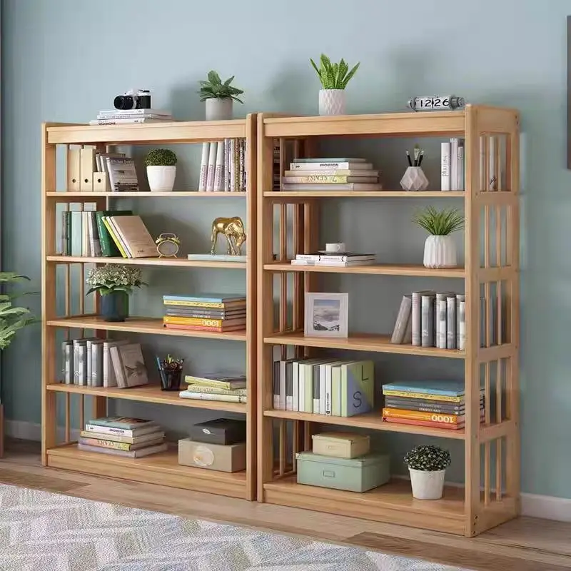 Solid wood multi-layer bookshelf combination bookcase bedroom study floor-to-ceiling shelf rubber wood storage rack