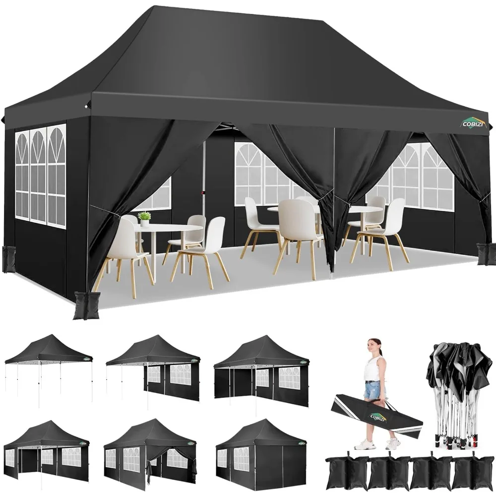 Outdoor Large Sun Shelter of 10X20ft, 6 Removable Sidewalls, Adjustable Leg Heights, with 4 Sandbags, Canopy Gazebo Commercial