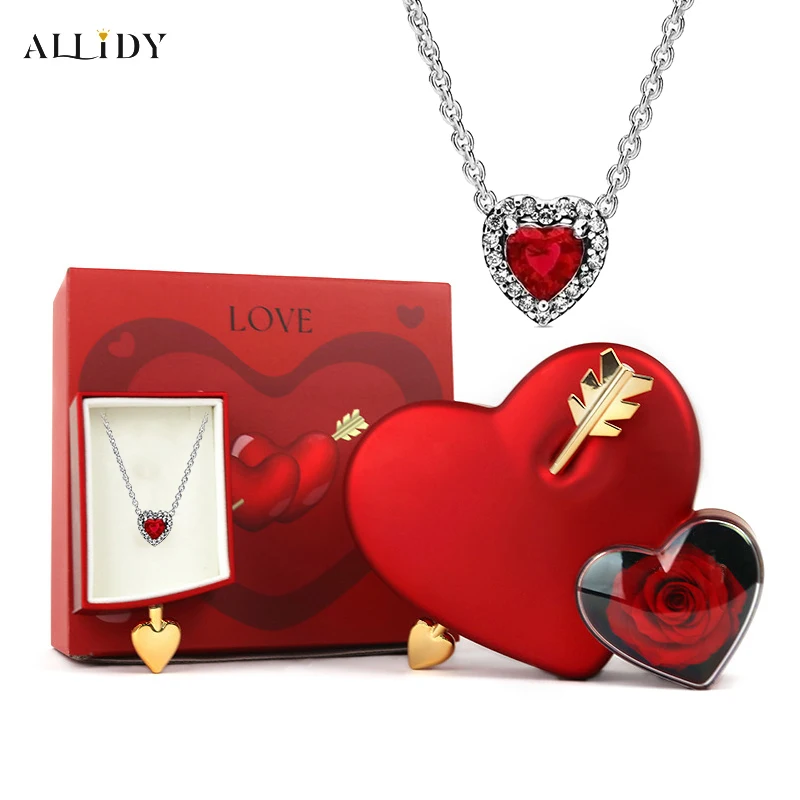 

Classic Silver Red Pink Shiny Love Hearts Pendant Necklace Women Jewelry Gift with Real Rose Gifts Box Set Valentine's Day