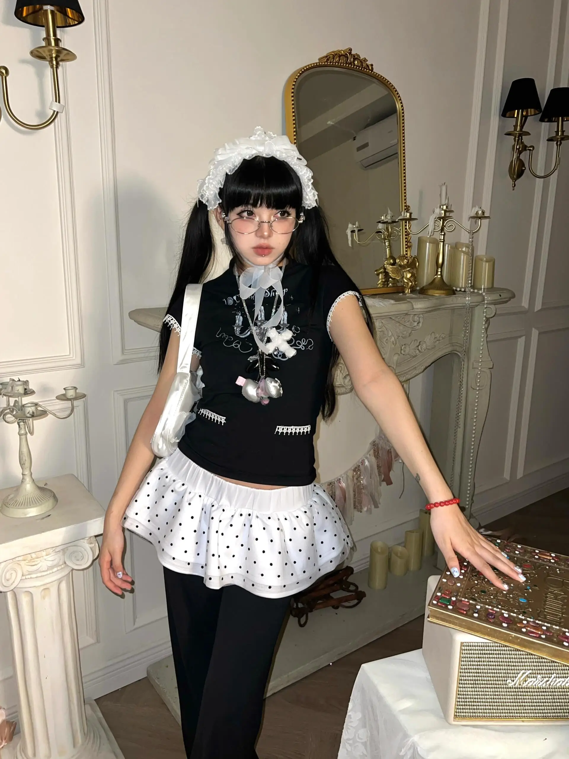 

Женская пышная короткая юбка в стиле Лолита с принтом в горошек, с завышенной талией, из полиэстера, для города, в балетном стиле