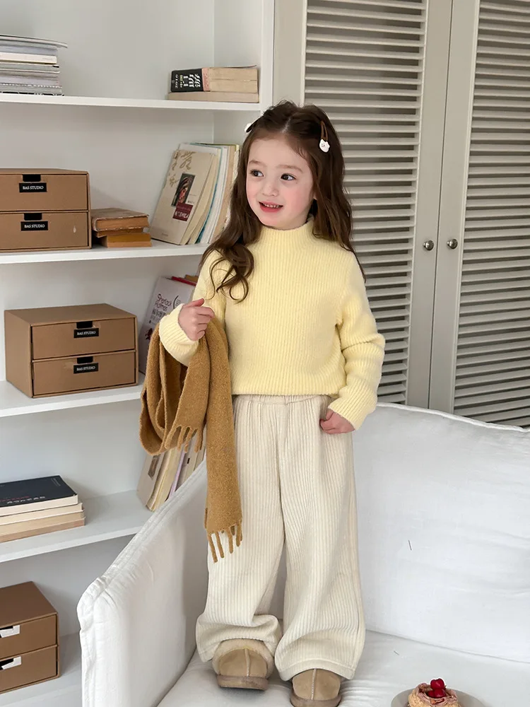 Undershirt  Sweet Striped Fashion 2024 Autumn Girl Solid Color High Collar Sweater Girl Winter Childrens Clothing Solid