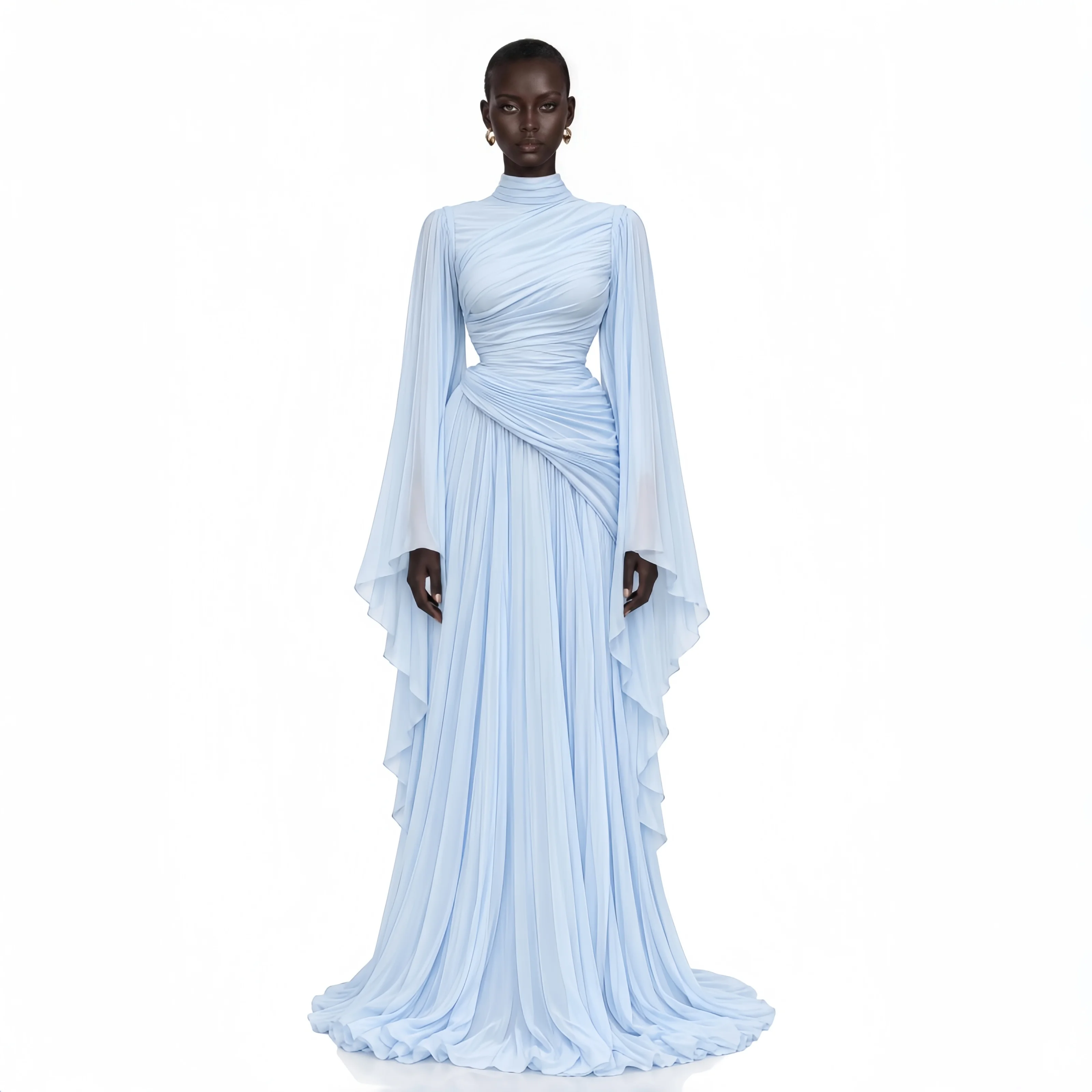 Modest Yellow Chiffon Evening Dresses Full Sleeves Cape Sleeves Long Prom Dresses A-Line Pleated Prom Gowns Customized