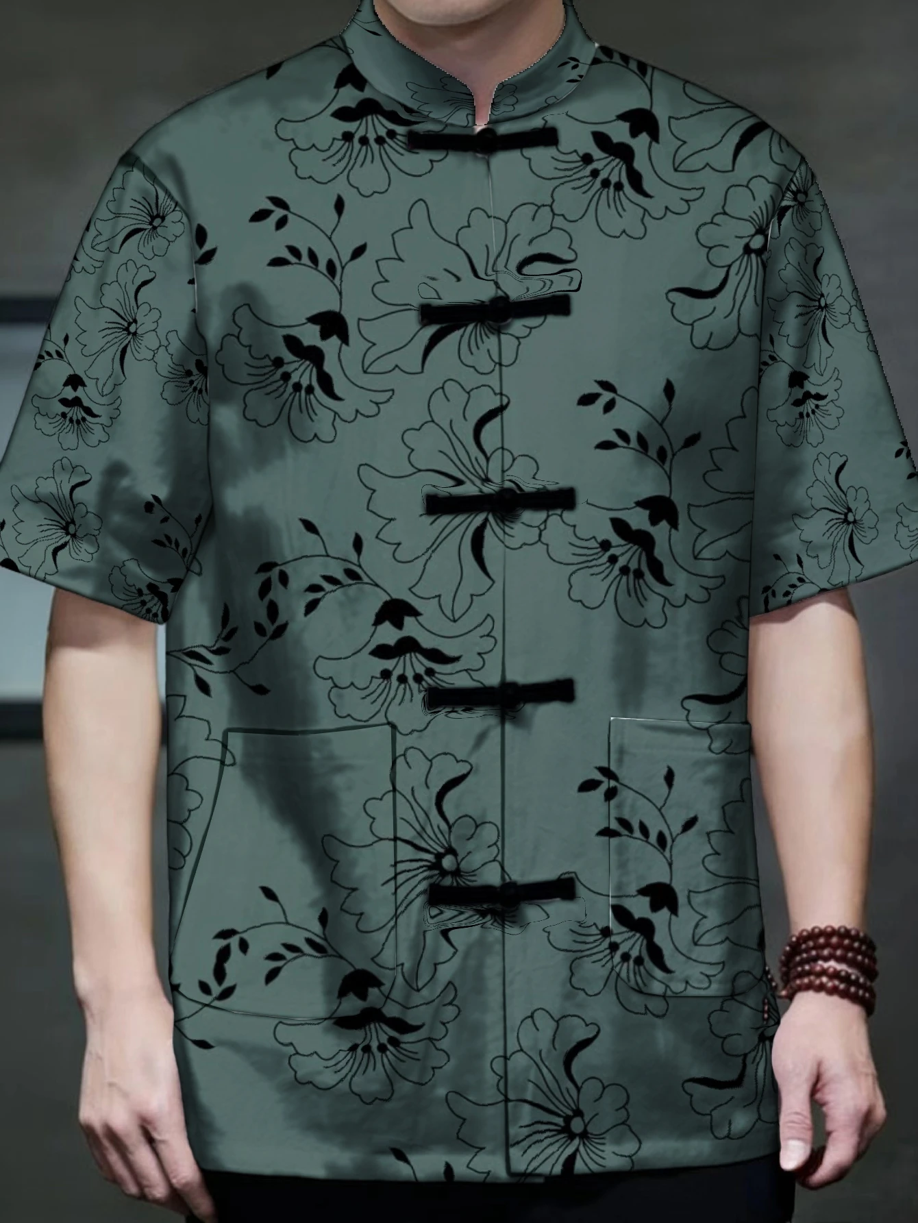 Men Retro Ethnic Tang Suit Outerwear Dark Tone Floral Line Art Print Frog Fasten Relaxed Fit Daily Apparel