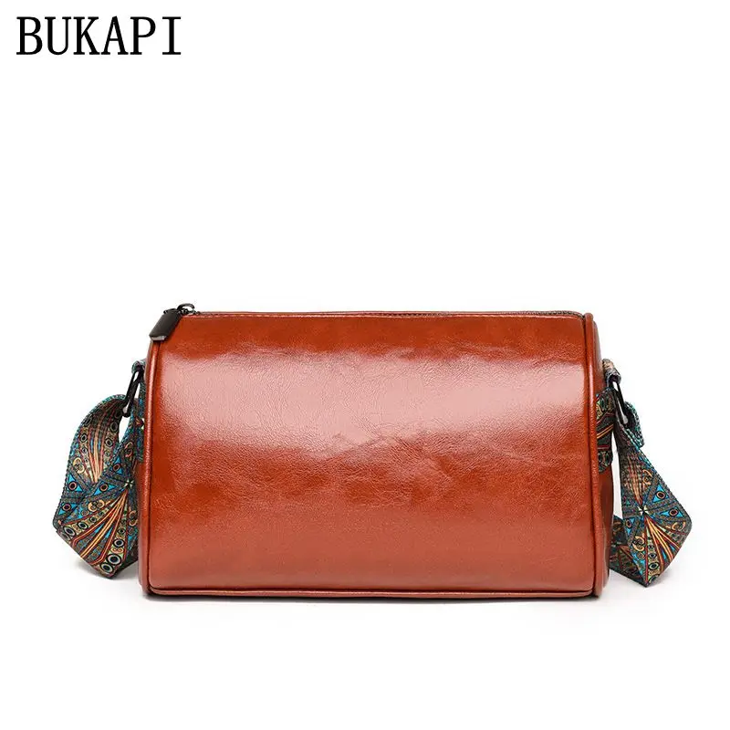 Contrast color painted leather belt decoration women's small round shoulder bag  Cowhide western style crossbody bags for women