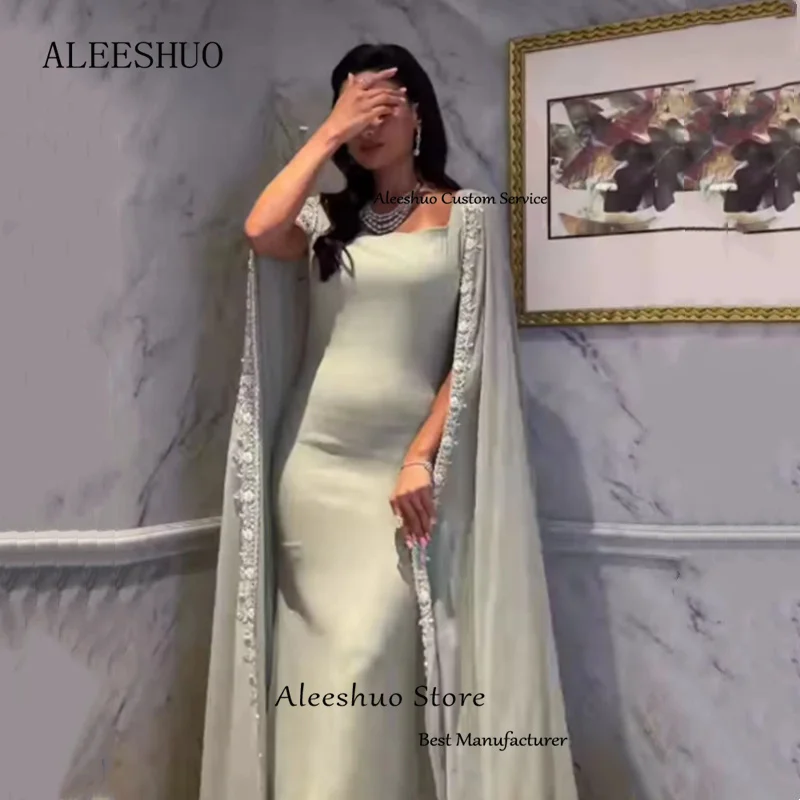 Aleeshuo-فساتين حفلة موسيقية طويلة من الساتان الأنيق للنساء ، بأكمام كاب ، ياقة مربعة ، زينة مستقيمة ، عربي ، فساتين سهرة بسيطة ، رسمية