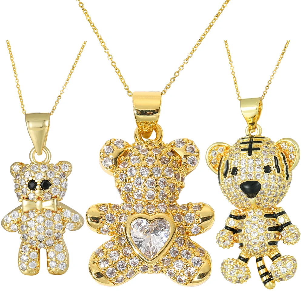 

Juya Micro Pave Zircon 18K Real Gold Plated Bridal Jewelry Handmade Cartoon Animal Bear Tiger Pendant Necklace For Women Girls
