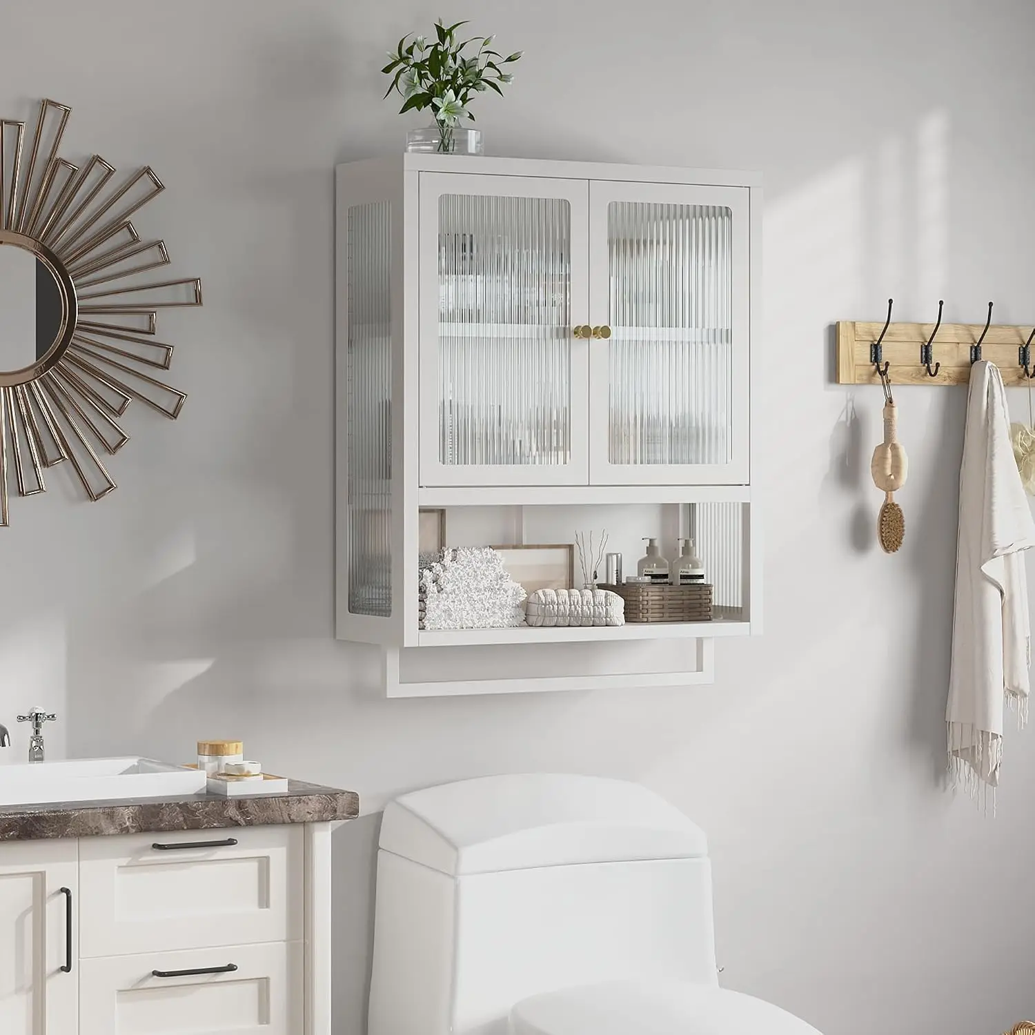 Bathroom Wall Cabinet, Medicine Cabinet Organizer With Glass Doors, Over The Toilet Wall Mounted Storage Rack With Towel Bar And Inner Shelves, Modern Kitchen Hanging Cupboard, White