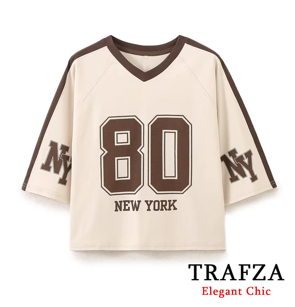 TRAFZA-Women Fashion Classic T-Shirt Printed Letters New York V-Neck T-Shirt New 2024 Summer Casual Versatile Preppy T-Shirt