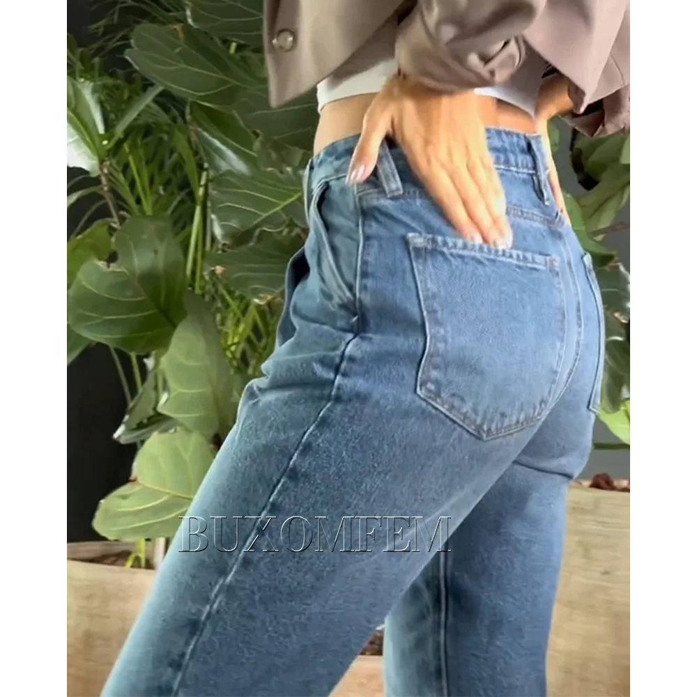 Calça jeans azul lavada para mulheres, cintura alta, perna reta, quadris envoltos, calça diária casual, nova calça elegante de outono, roupa de mulher, 2024