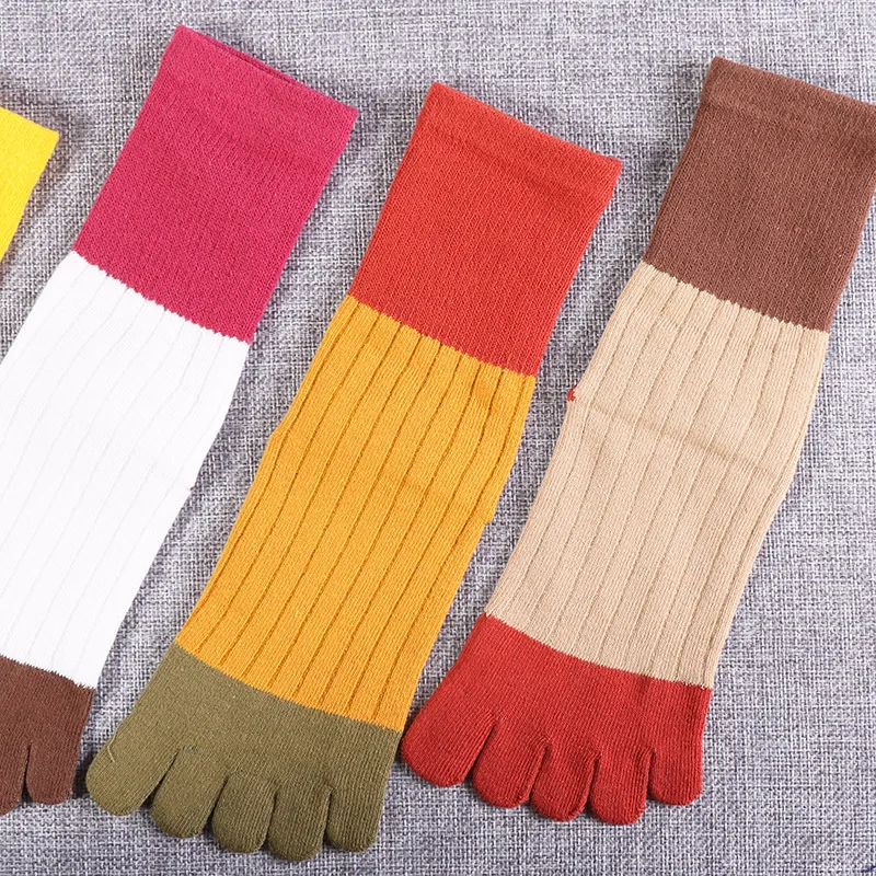 5 Pairs Woman Colorful Socks with Toes Women Ladies Korean Fashion Patchwork Vertical Striped Five Fingers Mid-tube Cotton Socks