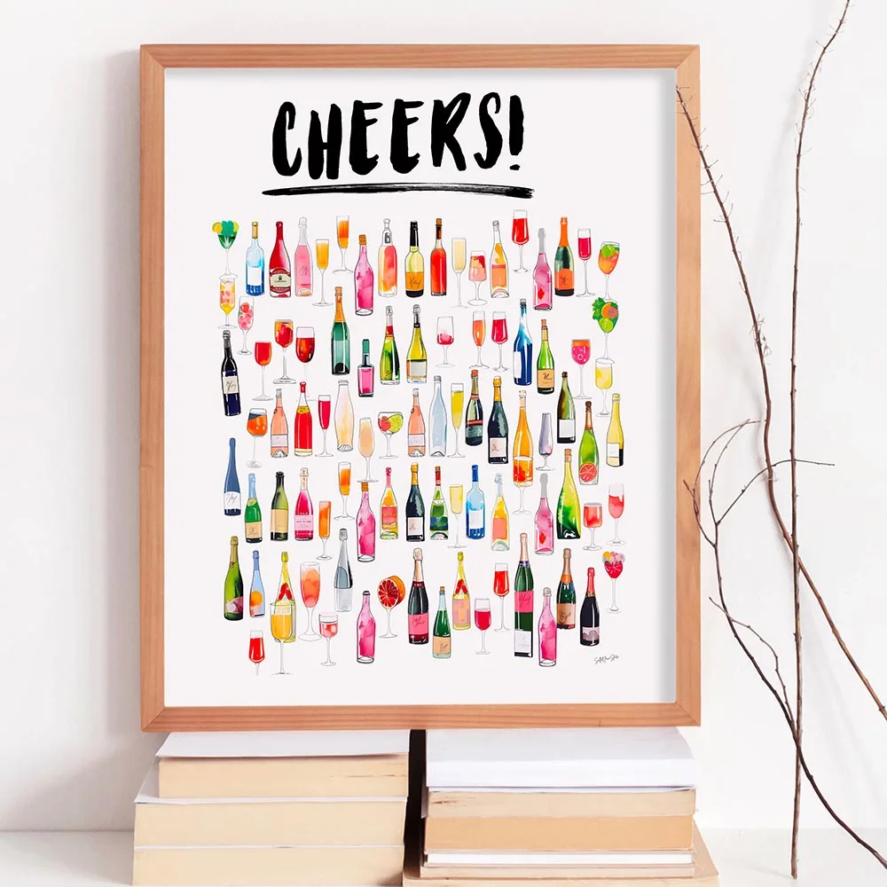 Bar Cart Wall Art  Canvas Painting Cheers Prints Trendy Champagne Cocktail Poster Aesthetic Girly Cute Preppy Prints Home Decor