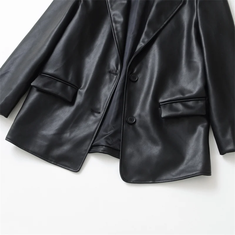 Giacca da abito in ecopelle nera primavera allentata monopetto colletto dentellato manica lunga cappotto femminile streetwear Chaqueta Mujer